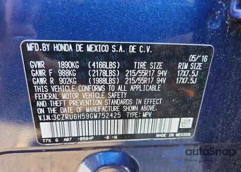 2016 Honda Hr-V Ex from USA, damaged, VIN 3CZRU6H59GM752425